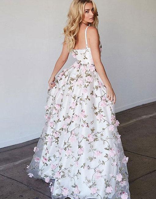 Spaghetti Long Floral A-line Cheap Prom Dresses