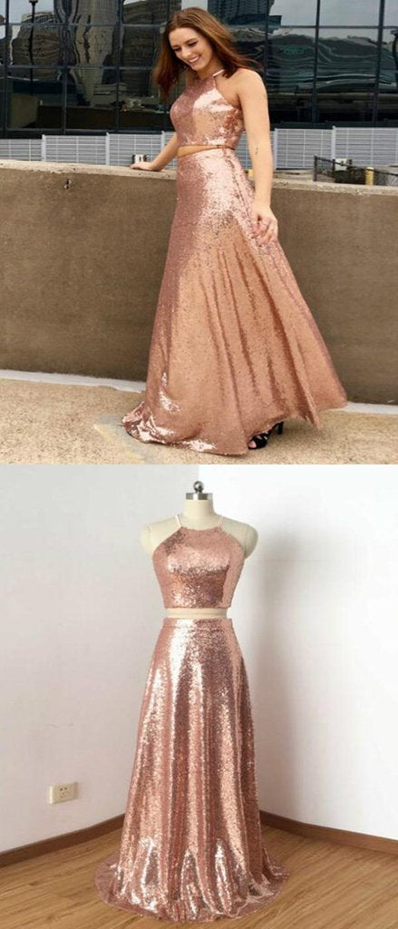 Two Pieces A-Line Halter Sequins Long Prom Dresses