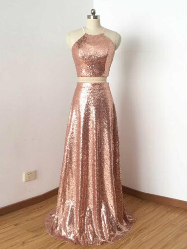 Two Pieces A-Line Halter Sequins Long Prom Dresses