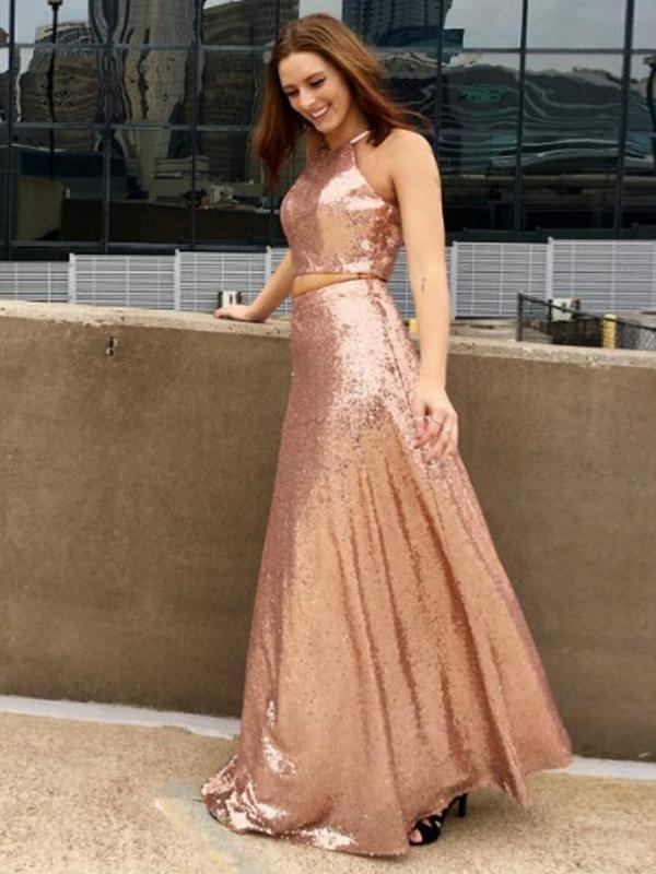 Two Pieces A-Line Halter Sequins Long Prom Dresses