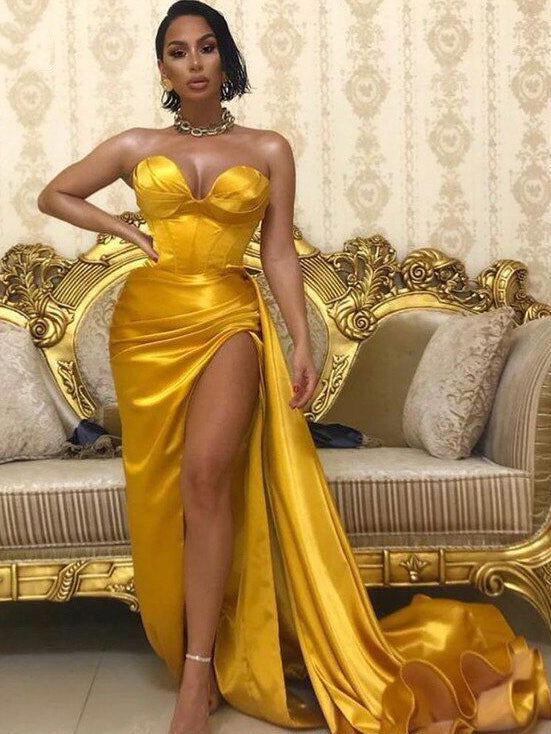 Sweetheart Yellow Satin Long Prom Dresses, High Slit 2020 Prom Dresses, Long Prom Dresses