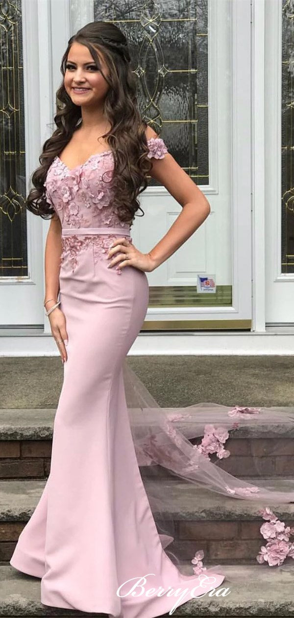 Popular Mermaid Off Shoulder Long Prom Dresses, Appliques Newest 2020 Prom Dresses