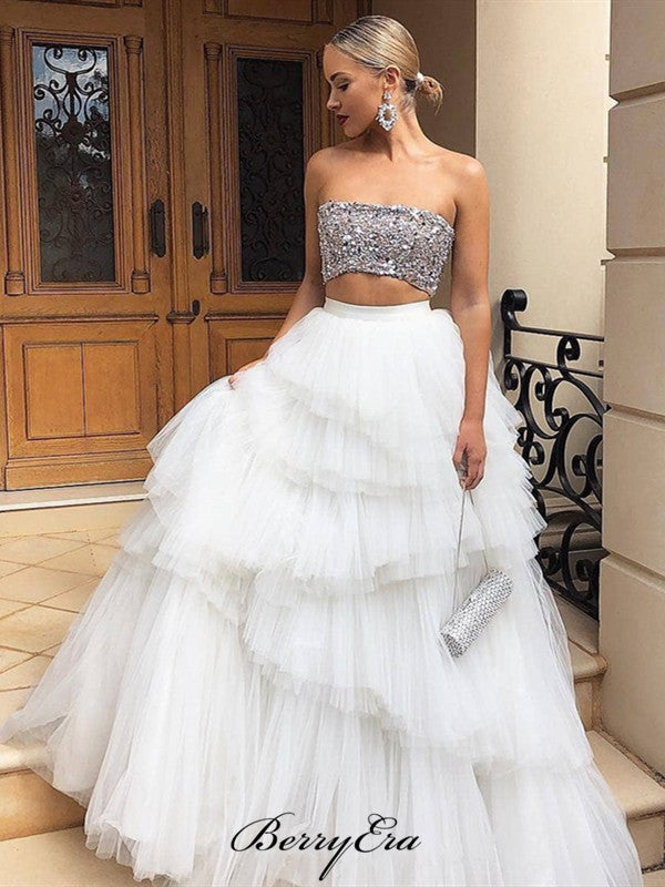 Unique Fluffy Fashion Prom Dresses, Two Pieces Sequins Prom Dresses