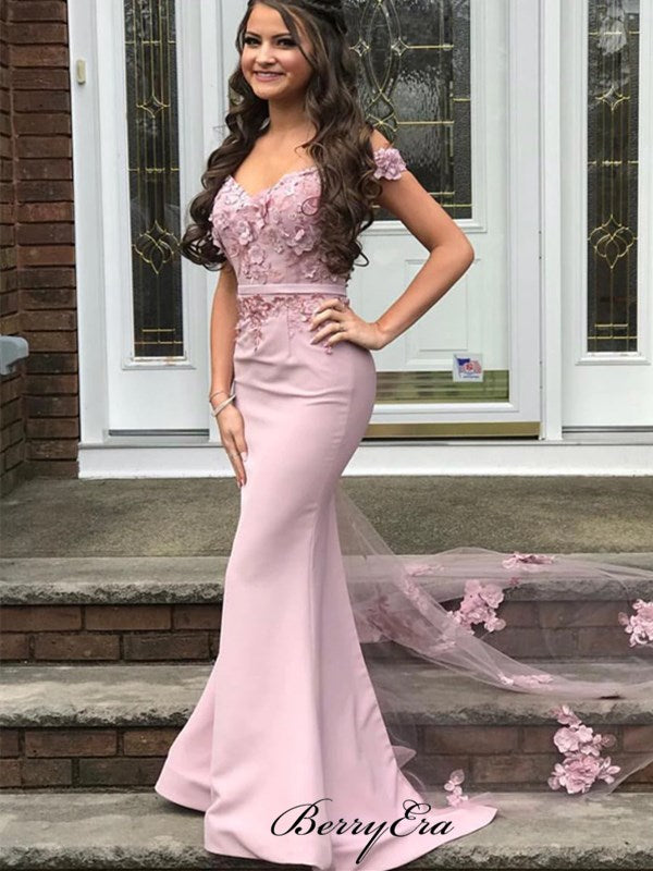 Popular Mermaid Off Shoulder Long Prom Dresses, Appliques Newest 2020 Prom Dresses