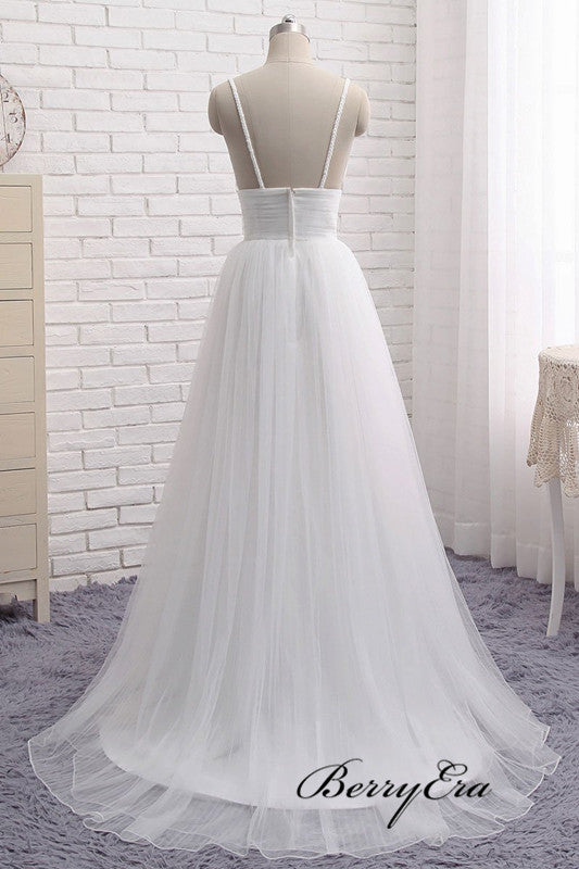 Simple Tulle Design Wedding Dresses, Spaghetti Straps Bridal Gowns, Cheap Wedding Dresses