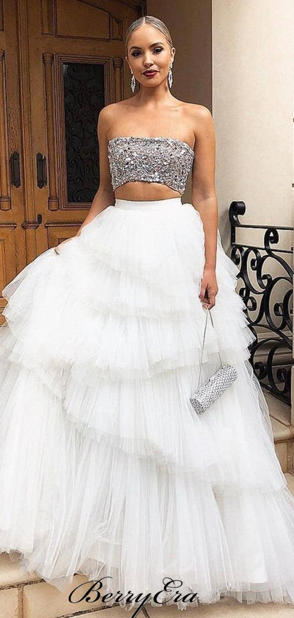 Unique Fluffy Fashion Prom Dresses, Two Pieces Sequins Prom Dresses