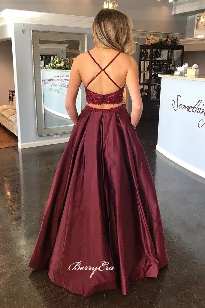 Two Pieces Pocket Prom Dresses, Lace Prom Dresses, Prom Dresses Long