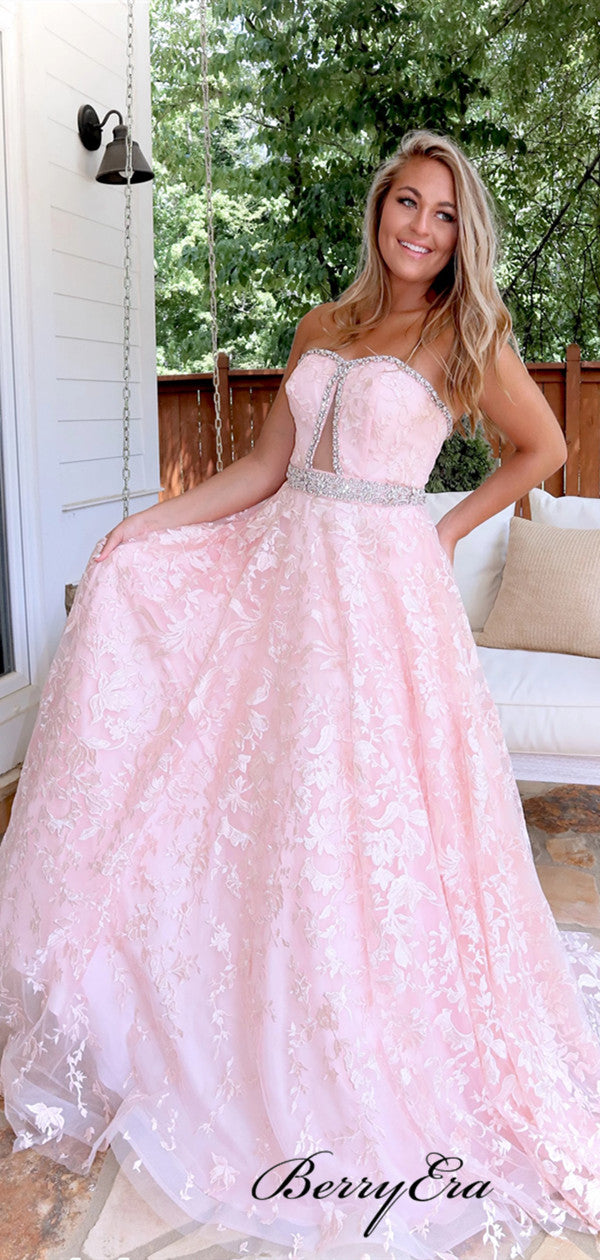 Strapless Sweetheart Prom Dresses Long, Lace Beaded Elegant 2020 Prom Dresses