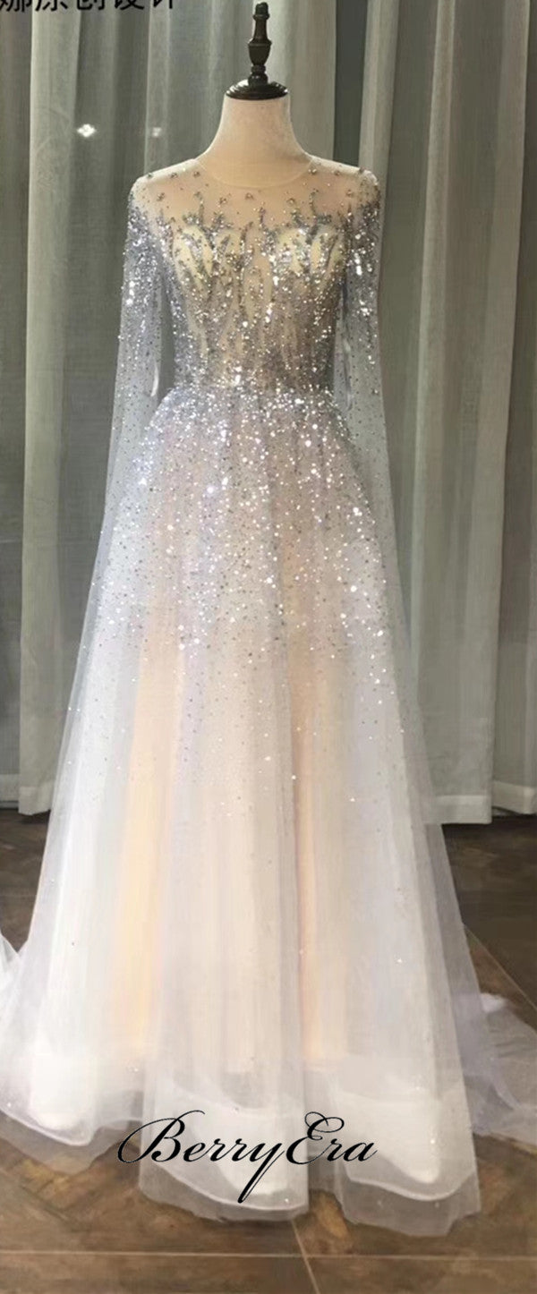 Fancy Long Sleeves Prom Dresses, Elegant Beaded Prom Dresses, Wedding Dresses