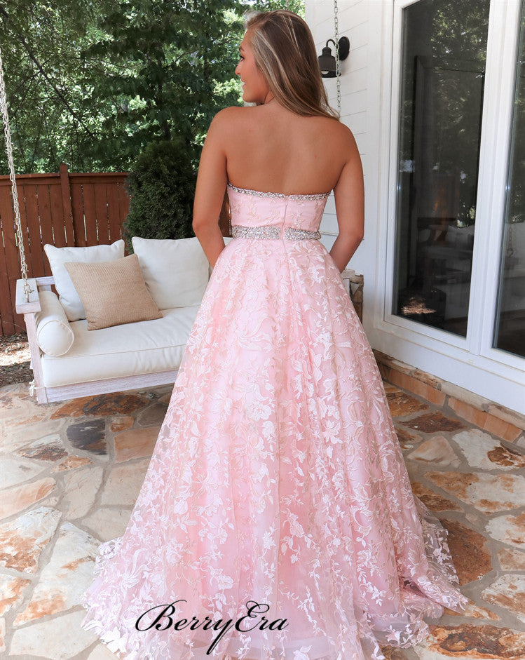 Strapless Sweetheart Prom Dresses Long, Lace Beaded Elegant 2020 Prom Dresses