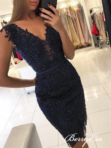 V-neck Navy Lace Beaded Mermaid Short Prom Dresses, Homecoming Dresses