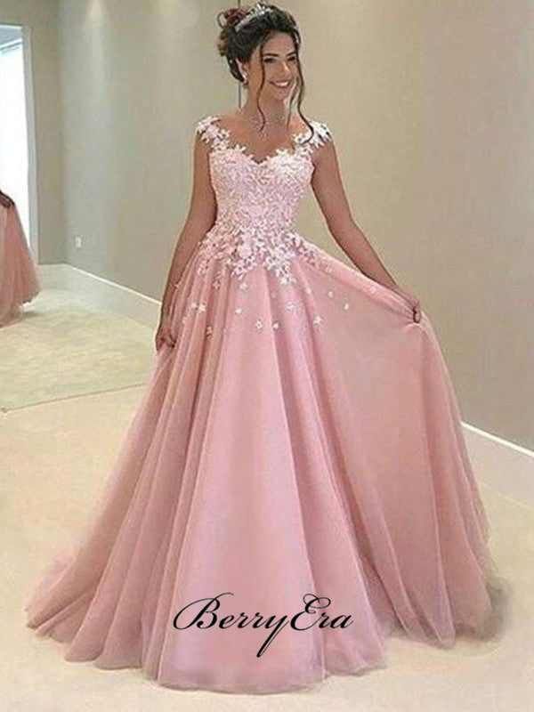 A-line Lace Evening Party Prom Dresses, Chiffon Lace Popular Prom Dresses