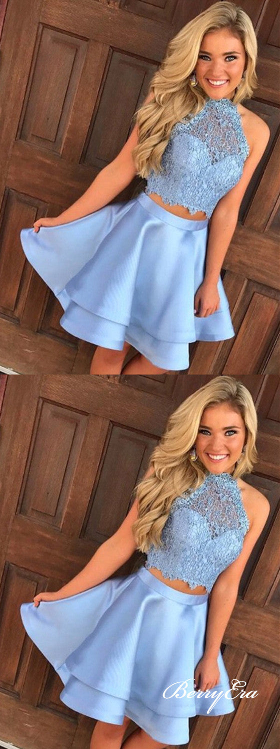 2 Pieces Blue Lace Satin Short Prom Dresses, Homecoming Dresses