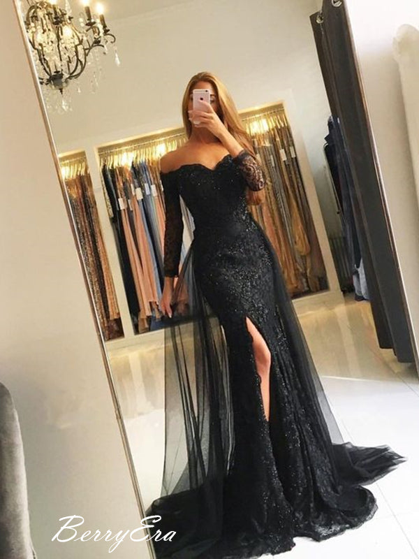 Long Sleeves Slit Prom Dresses, Sequin Lace Prom Dresses, Elegant Prom Dresses