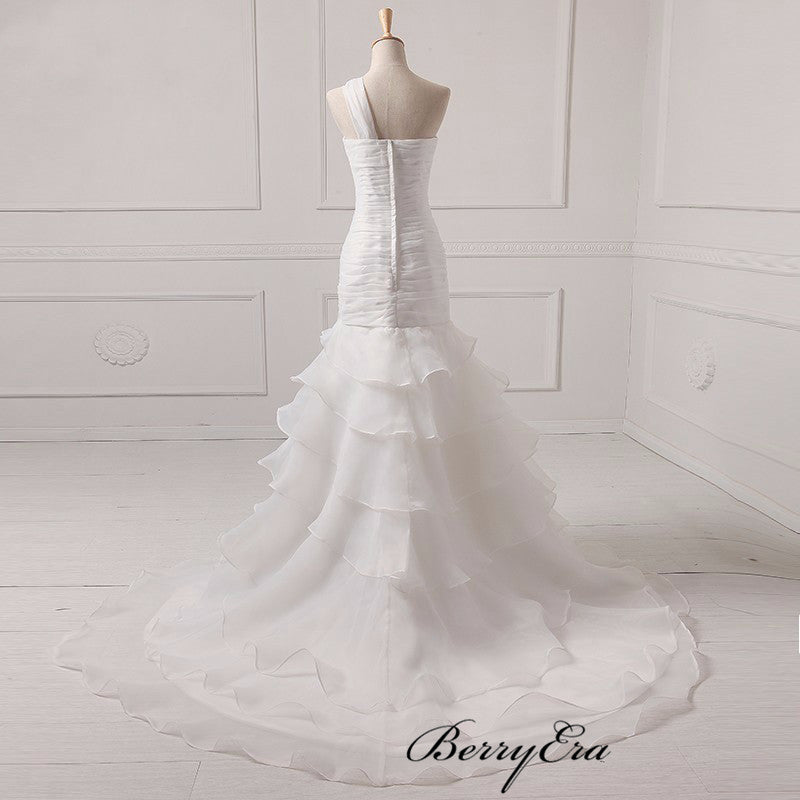 One Shoulder Ivory Organza Long Wedding Dresses