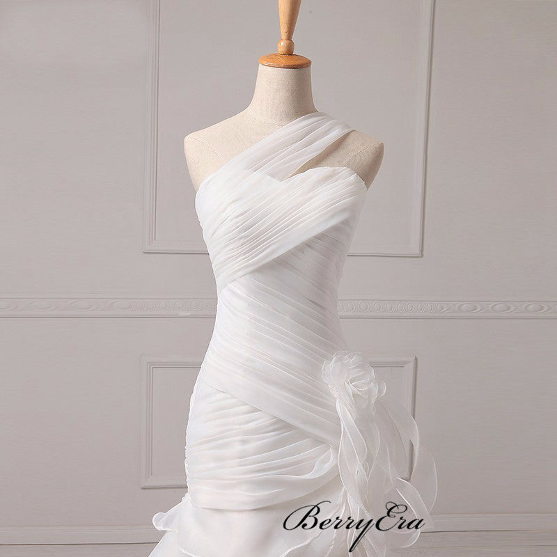 One Shoulder Ivory Organza Long Wedding Dresses