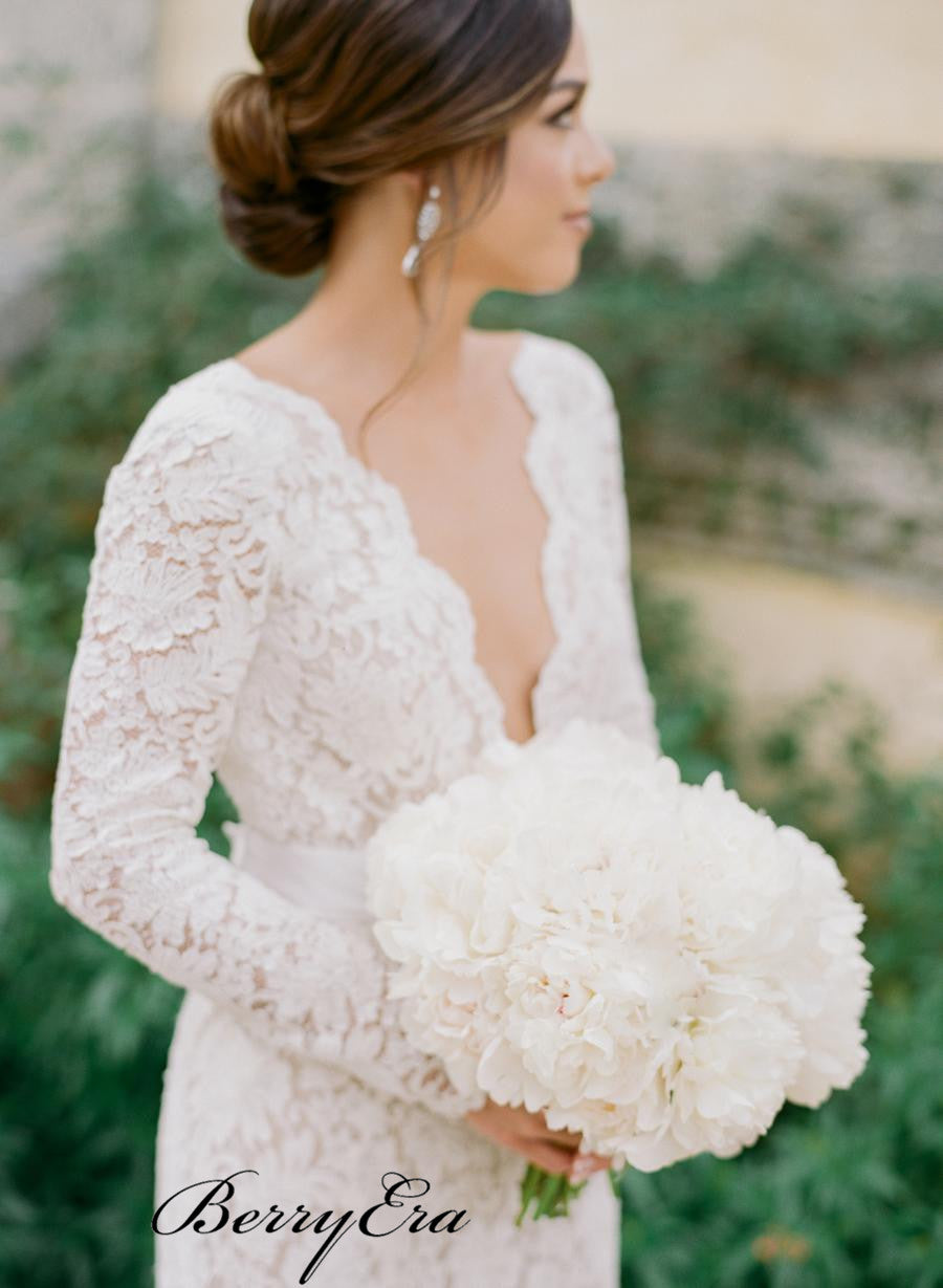 Long Sleeves Deep V-neck Wedding Dresses, Popular Lace Wedding Dresses