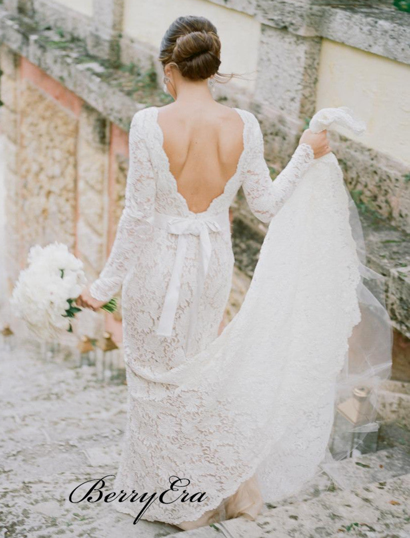 Long Sleeves Deep V-neck Wedding Dresses, Popular Lace Wedding Dresses