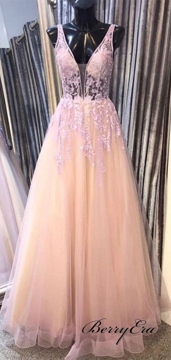 Elegant Pink Lace A-line Prom Dresses, V-neck Tulle Lace Prom Dresses Long