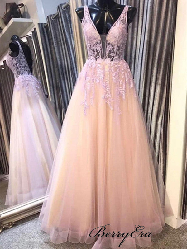 Elegant Pink Lace A-line Prom Dresses, V-neck Tulle Lace Prom Dresses Long