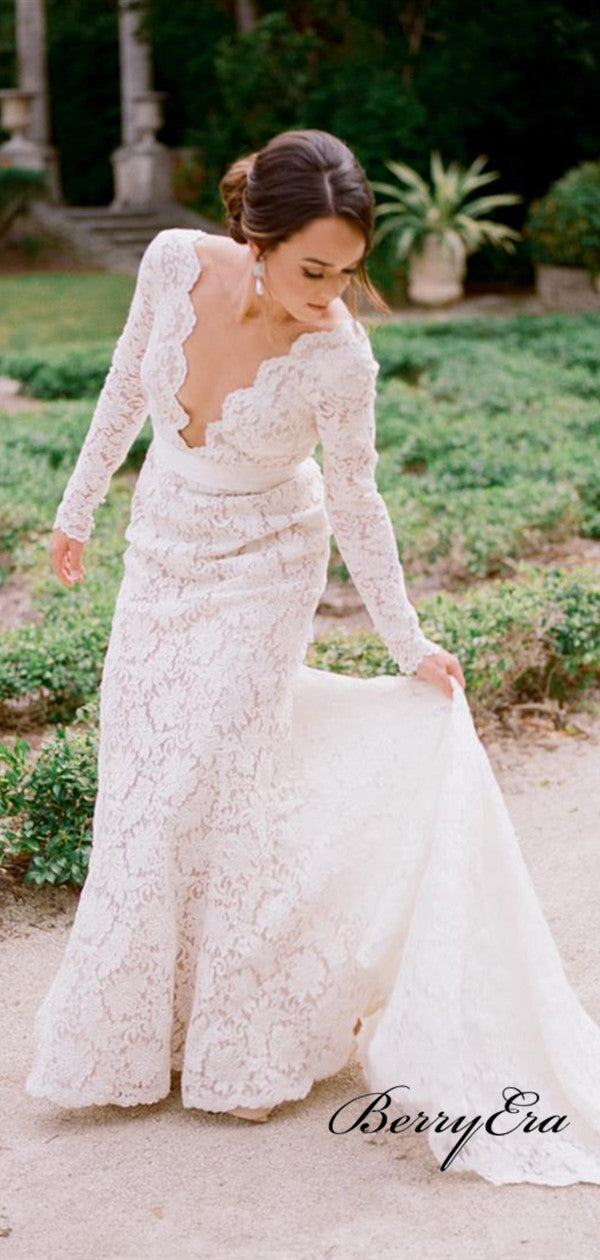 Long Sleeves Deep V-neck Wedding Dresses, Popular Lace Wedding Dresses