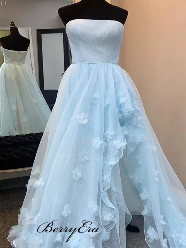 Strapless Sky Blue Appliques Prom Dresses, Fancy 2020 Prom Dresses, Long Prom Dresses