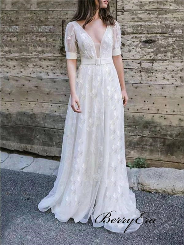 V-neck Lace Wedding Dresses, Popular Bridal Gowns, Newest 2020 Wedding Dresses