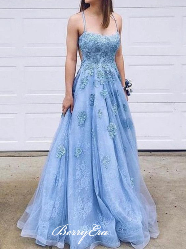 Spaghetti Straps Popular Lace Prom Dresses, Elegant Appliques Long Prom Dresses