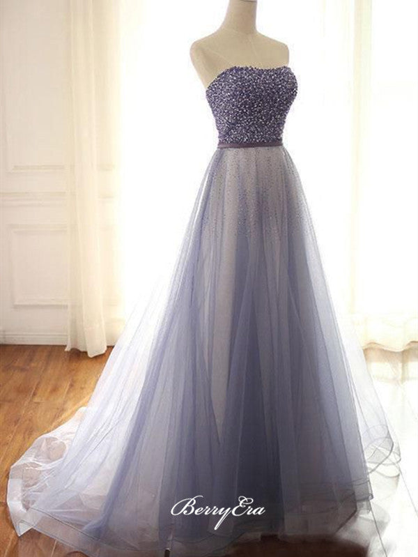 Strapless Tulle Prom Dresses, A-line Prom Dresses, Beaded Long Prom Dresses