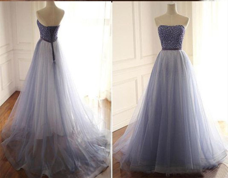 Strapless Tulle Prom Dresses, A-line Prom Dresses, Beaded Long Prom Dresses