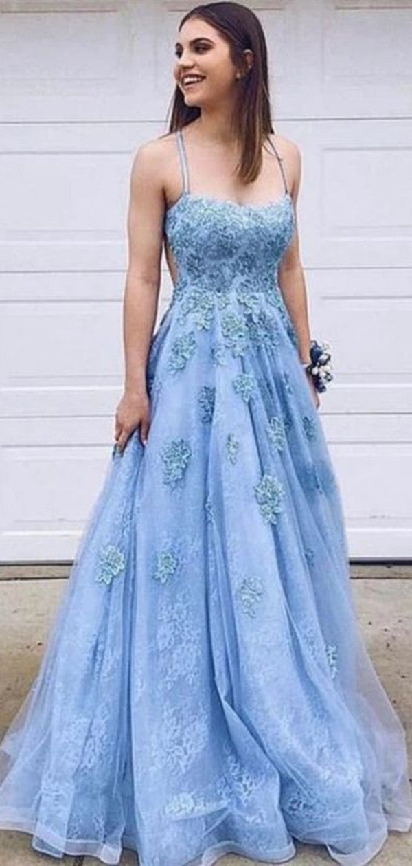 Spaghetti Straps Popular Lace Prom Dresses, Elegant Appliques Long Prom Dresses