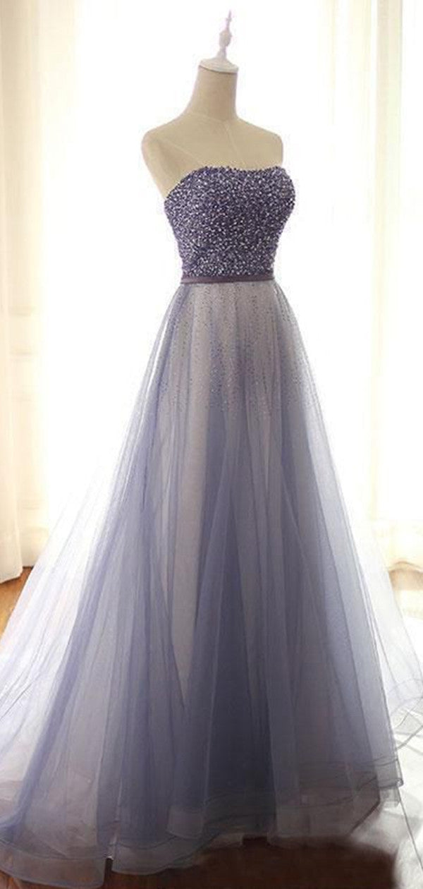 Strapless Tulle Prom Dresses, A-line Prom Dresses, Beaded Long Prom Dresses