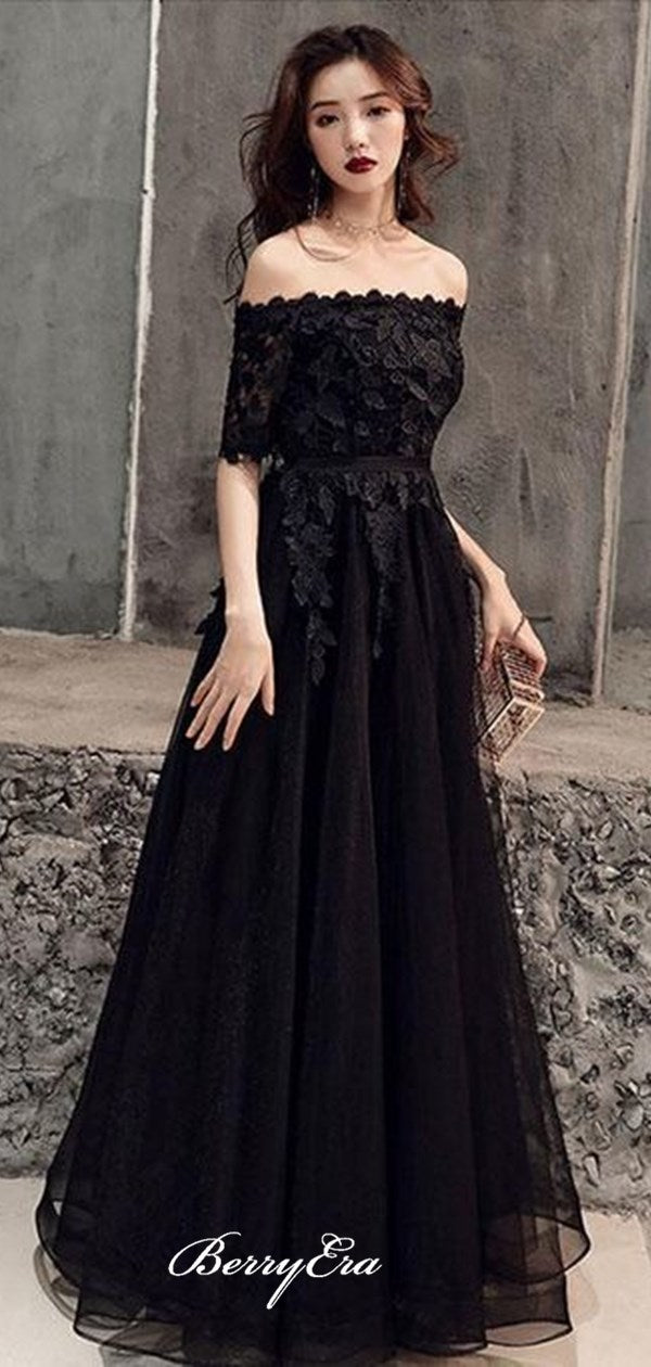 Off Shoulder Black Lace Prom Dresses, Appliques Tulle Elegant 2020 Prom Dresses