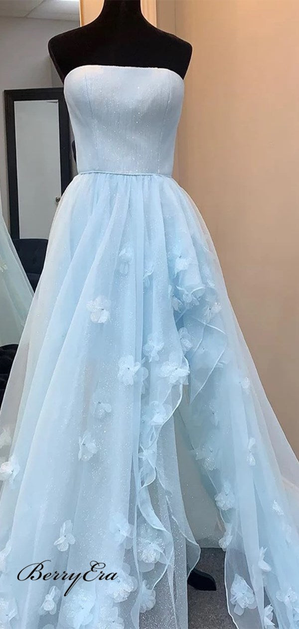 Strapless Sky Blue Appliques Prom Dresses, Fancy 2020 Prom Dresses, Long Prom Dresses