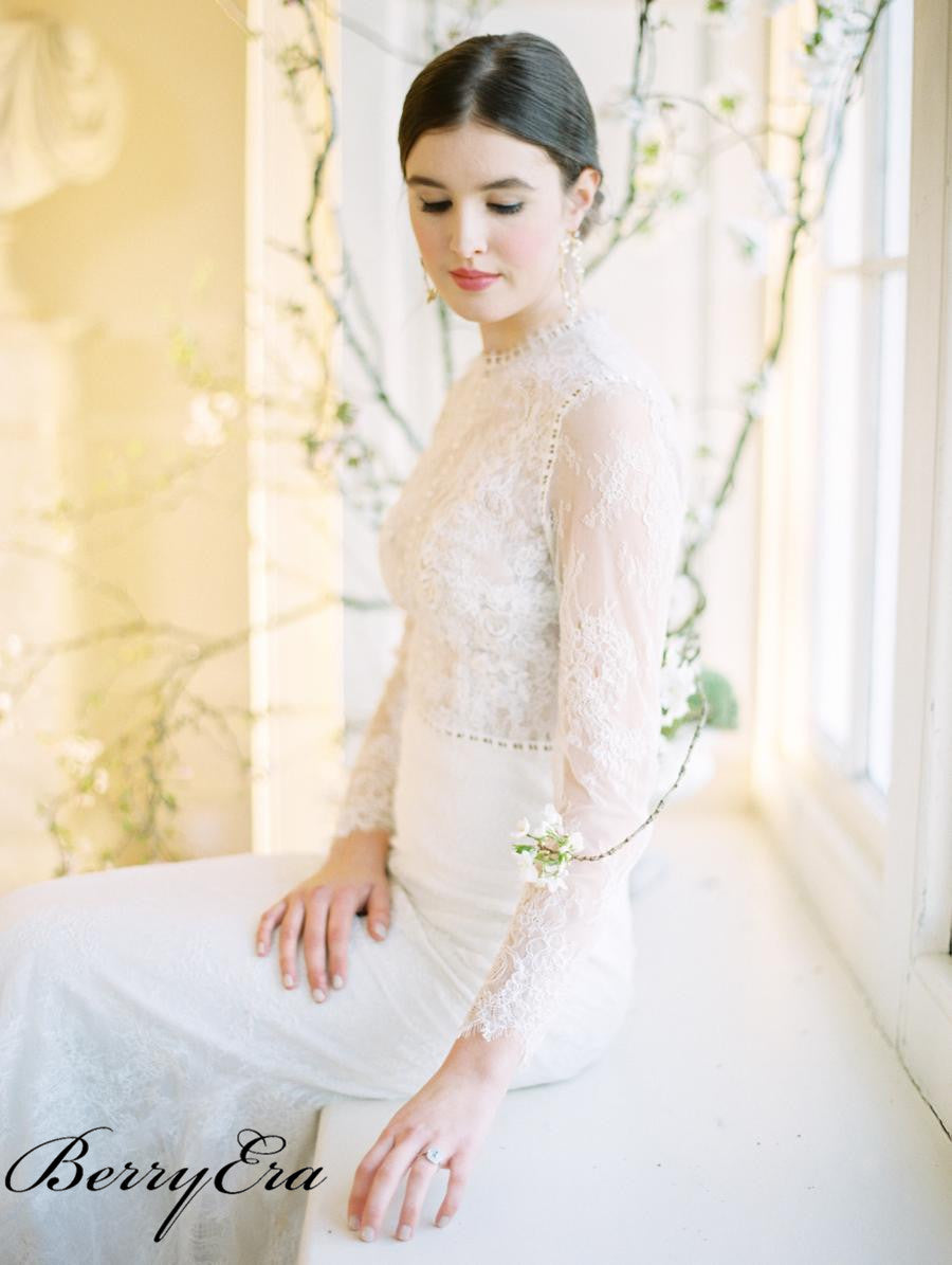 Long Sleeves Popular Wedding Dresses, Custom Design Lace Bridal Gowns