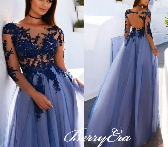 Long Sleeves Lace Tulle Prom Dresses, Popular Prom Dresses, Open Back Prom Dresses