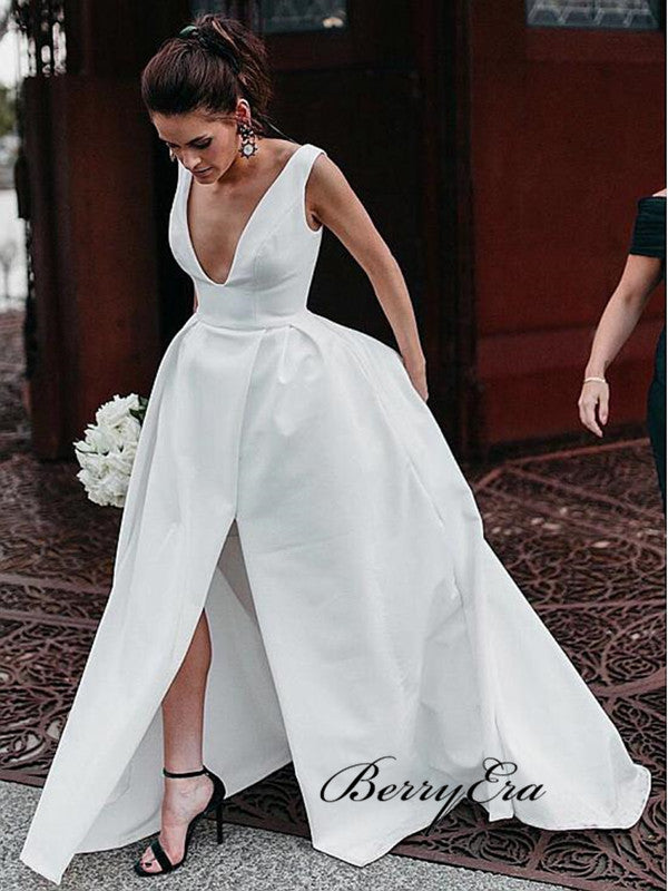 Deep V-neck Satin Wedding Dresses, A-line High Slit Wedding Dresses With Pocket