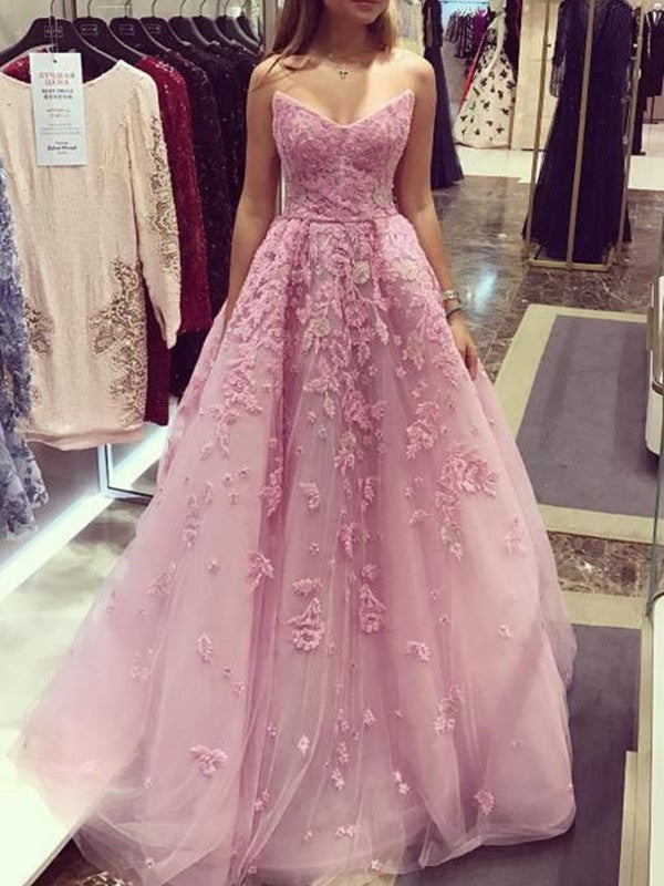 Strapless Appliques Long Prom Dresses, Elegant Lace 2020 Popular Prom Dresses