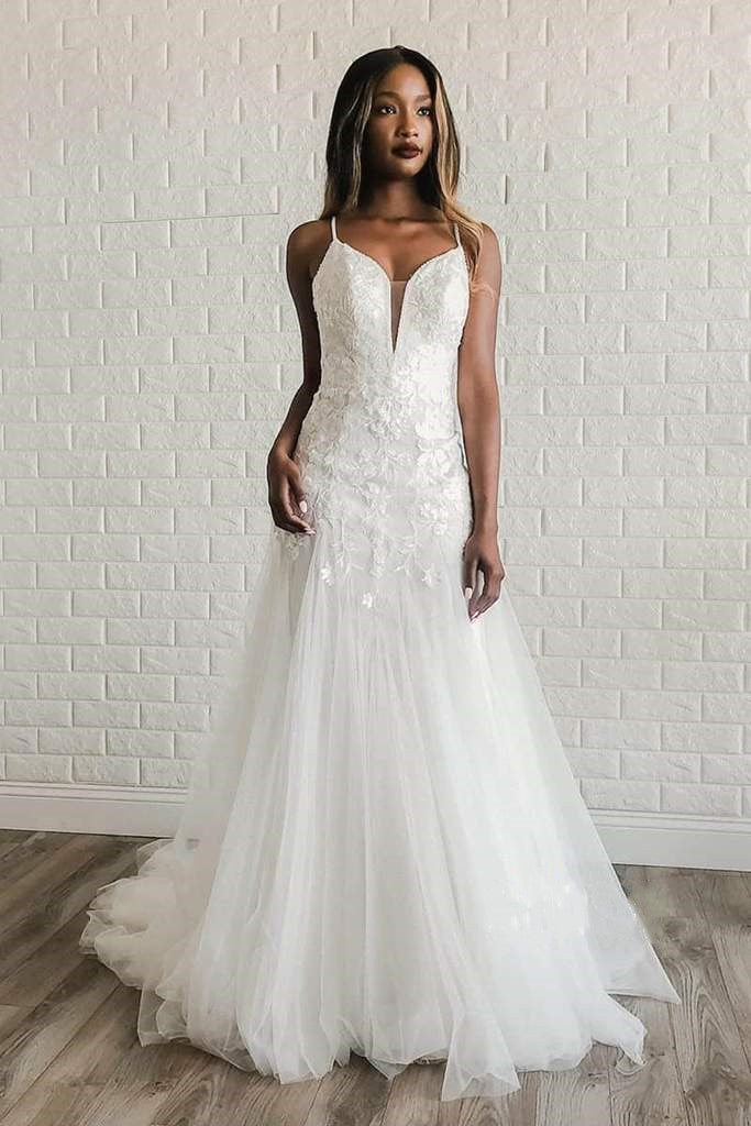 Popular Lace Wedding Dresses, Spaghetti Straps Lace 2020 Wedding Dresses