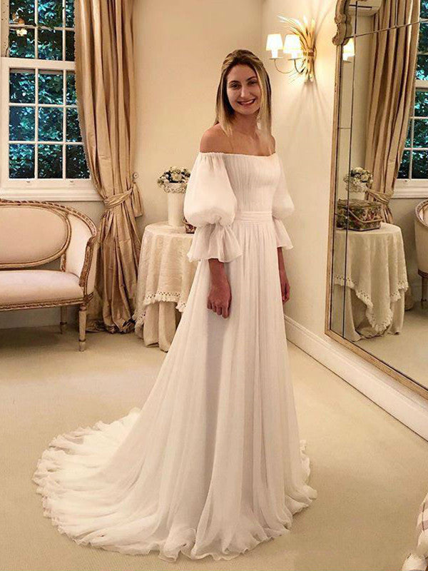 Off The Shoulder Chiffon A-line Long Wedding Dresses, Elegant 2020 Wedding Dresses