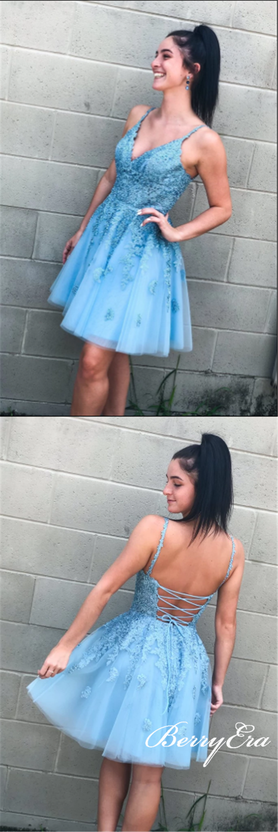 V-neck Blue Lace Beaded Homecoming Dresses, Short Prom Dresses