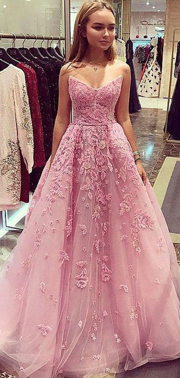 Strapless Appliques Long Prom Dresses, Elegant Lace 2020 Popular Prom Dresses