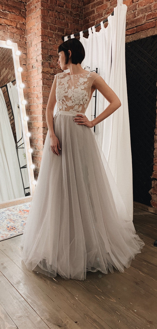 Simple Lace Long Wedding Dresses, 2020 Tulle Wedding Dresses, Beach Wedding Dresses