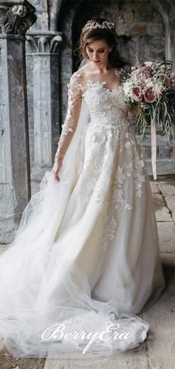 Long Sleeves Appliques Wedding Dresses, Elegant Bridal Gowns, Wedding Dresses