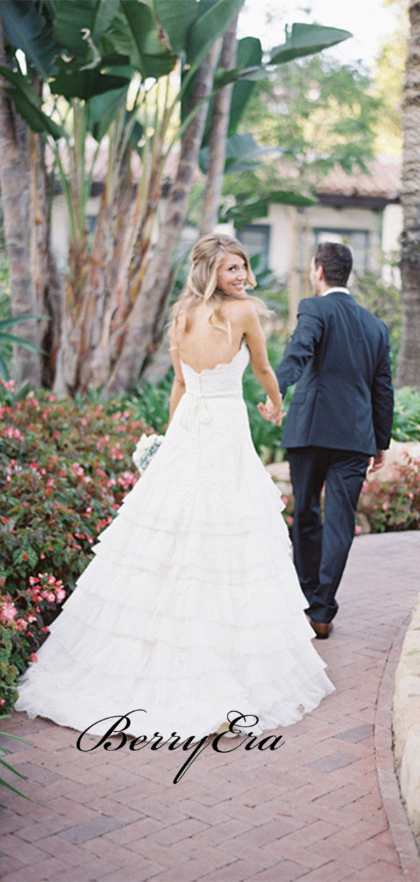 Strapless A-line Fluffy Wedding Dresses, Elegant Popular Wedding Dresses