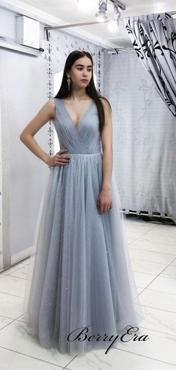 Simple Design Tulle Prom Dresses, V-neck Prom Dresses, Cheap Party Prom Dresses Long