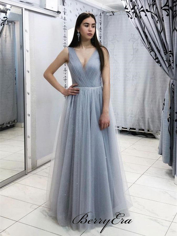 Simple Design Tulle Prom Dresses, V-neck Prom Dresses, Cheap Party Prom Dresses Long