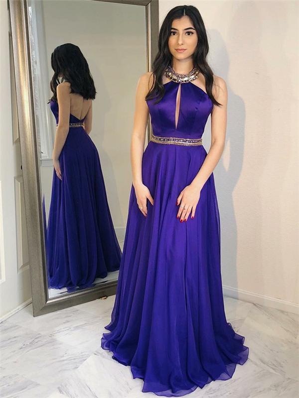 Halter Beaded Long A-line Chiffon Prom Dresses