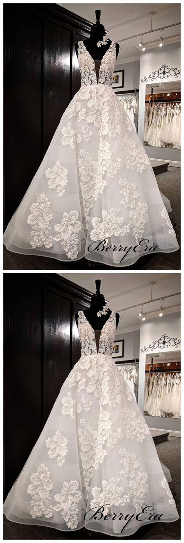 Modest Applique A-line Wedding Dresses, Popular V-neck Bridal Gowns, Wedding Dresses