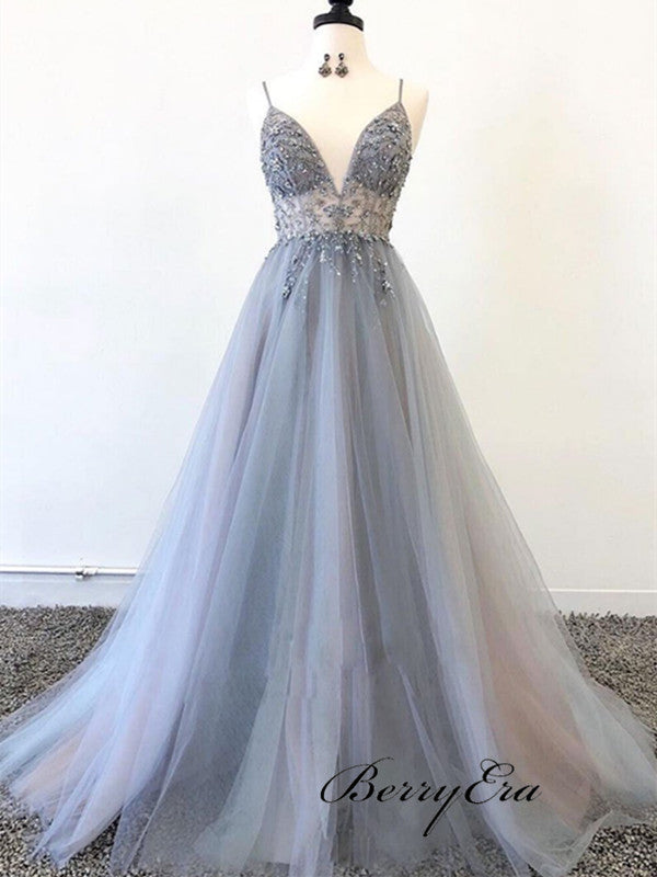 Spaghetti Straps A-line Tulle Prom Dresses, V-neck Fancy Beaded Long Prom Dresses